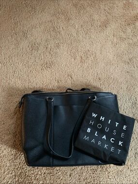 White House Black Market Black Pebbled Leather Tote with Logo Pouch
